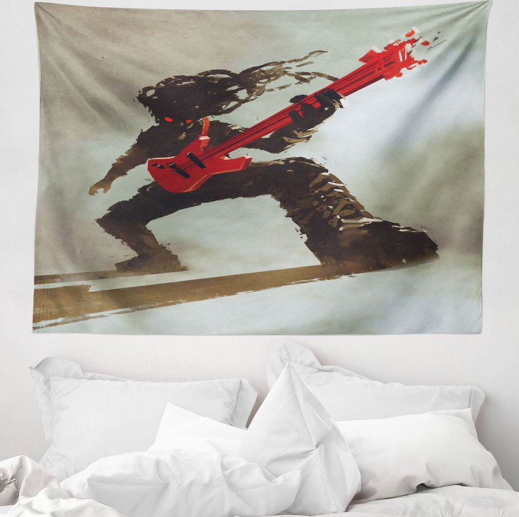 ABAKUHAUS Fantasie Wandteppich, Hipster Rocker Gitarre aus Weiches Mikrofaser Stoff Waschbar ohne Verblassen Digitaldruck, 150 x 110 cm, Grau Rot