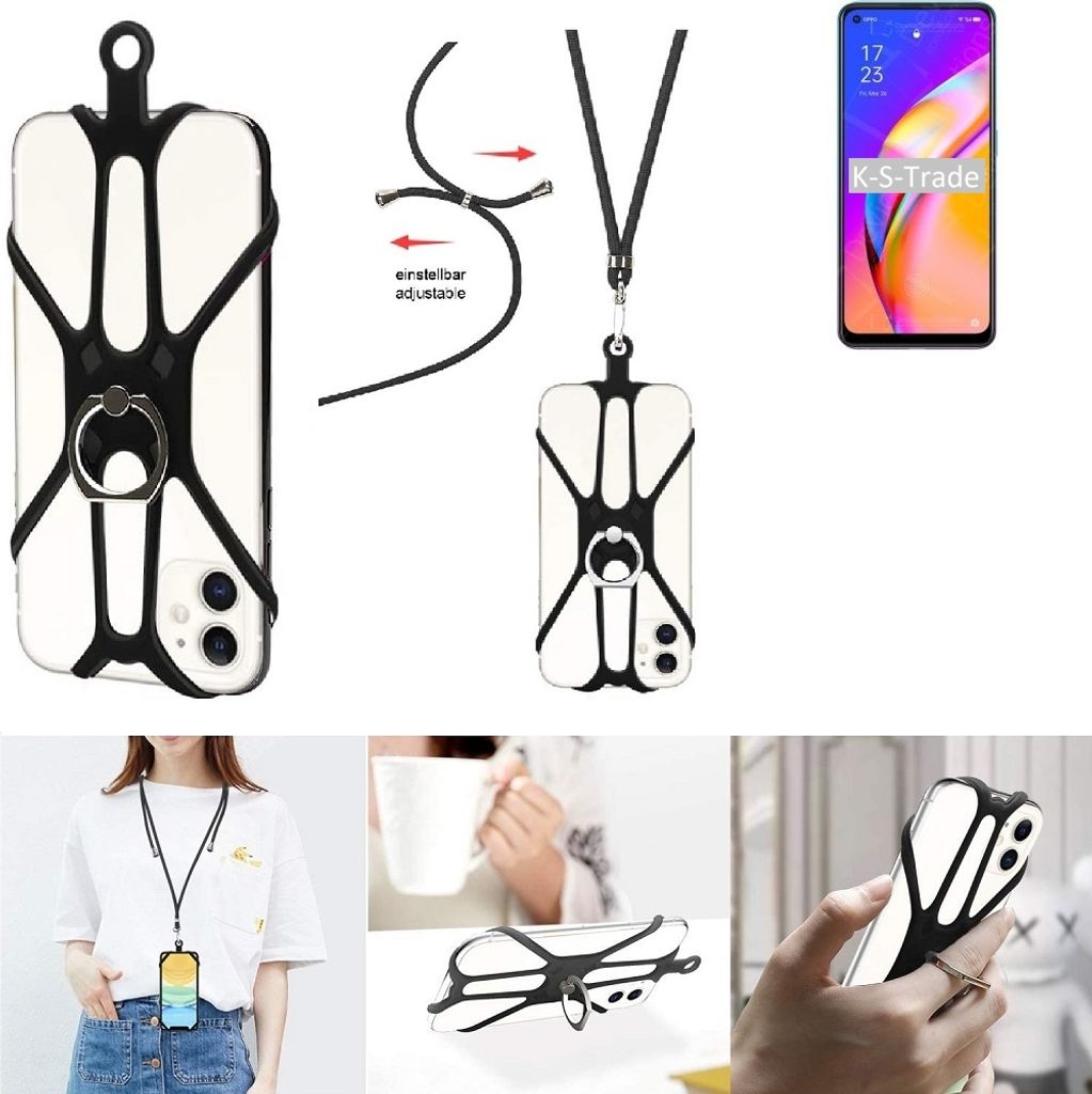 K-S-Trade 3in1 Handykette Handyband Handykordel Halsband Smartphone-Ring Handy-Ring kompatibel mit Oppo A94 5G Fingerhalterung Handyring Tischständer