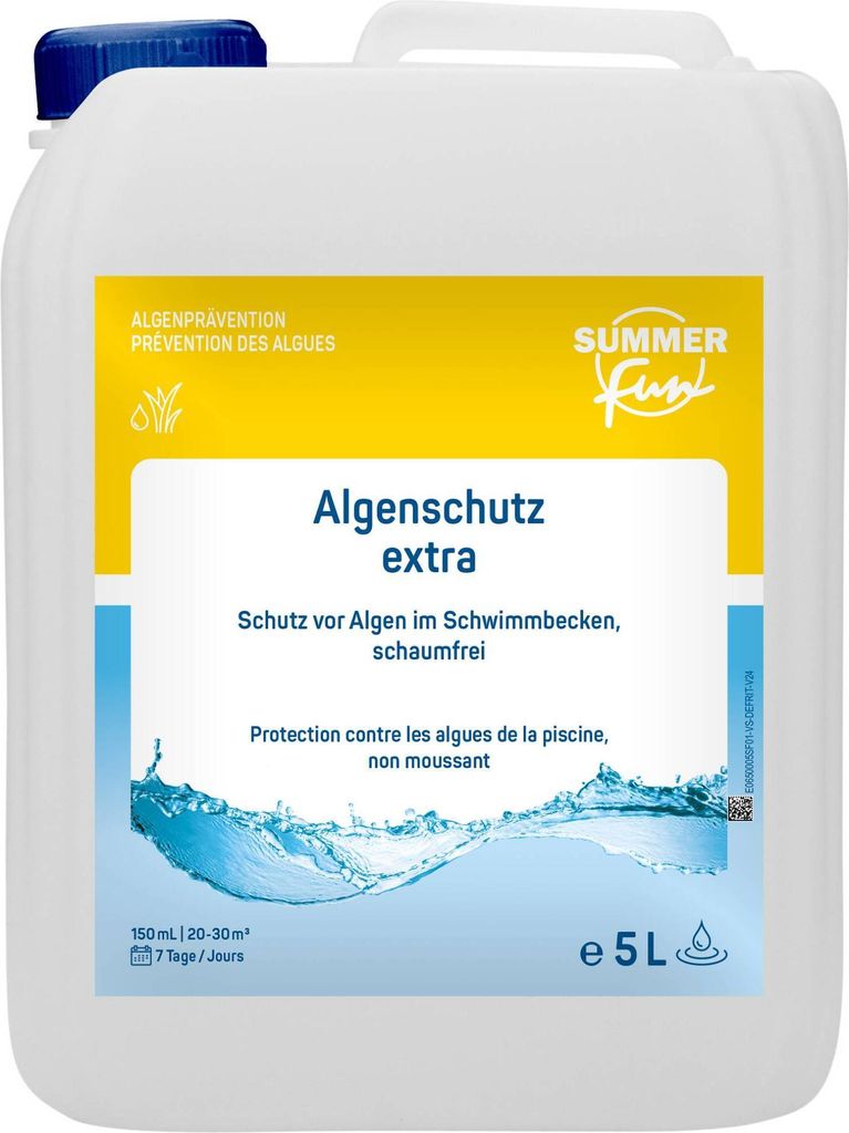 A white plastic jug of pool chemical, with a yellow and blue label.