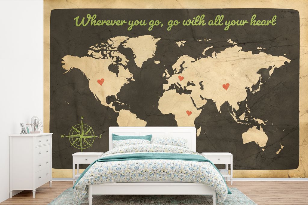 MuchoWow Fototapete für Wohnzimmer oder Schlafzimmer Wandtapete Vinyl Motivtapete Weltkarte - Zitat - Kompassrose - 525x350 cm - Das Hintergrund...