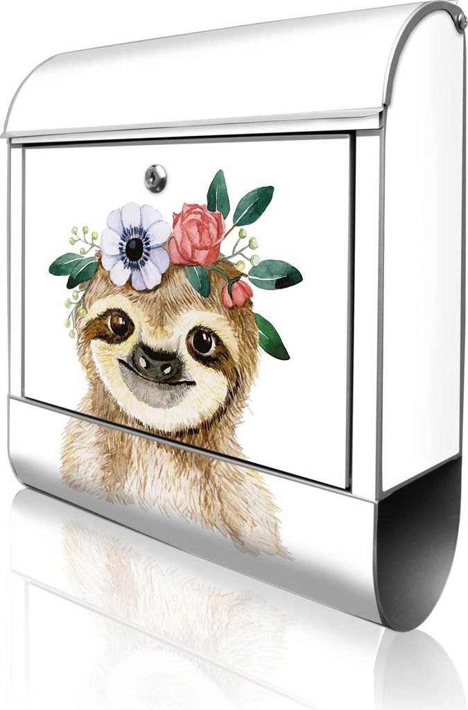 banjado Design Briefkasten Stahl silber mit Zeitungsfach pulverbeschichtet "Fröhliches Faultier mit Blumenkranz" 38x46x12,5cm & 2 Schlüssel - Pos...