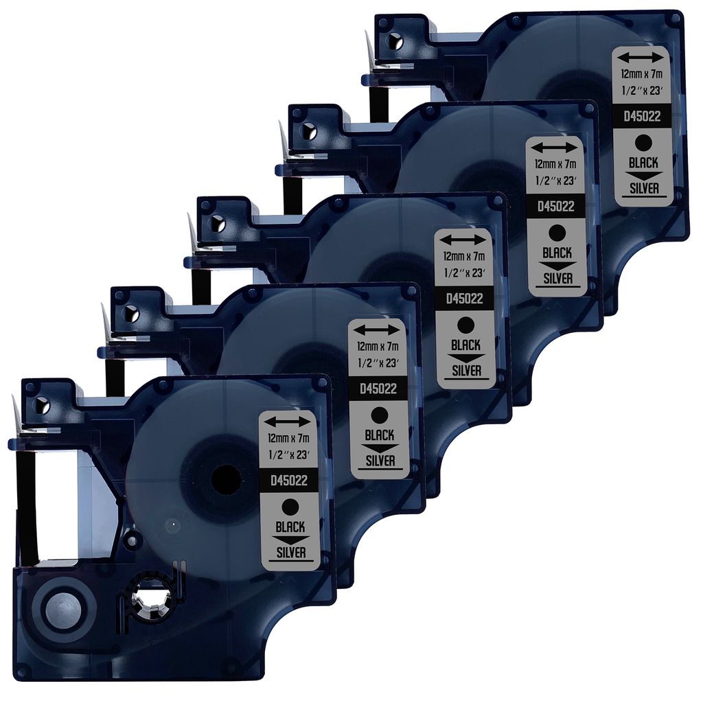 DULA Etikettenband - Kompatibel mit Dymo D1 45022 - 5 Stück - Schwarz auf silber - 12mm x 7m