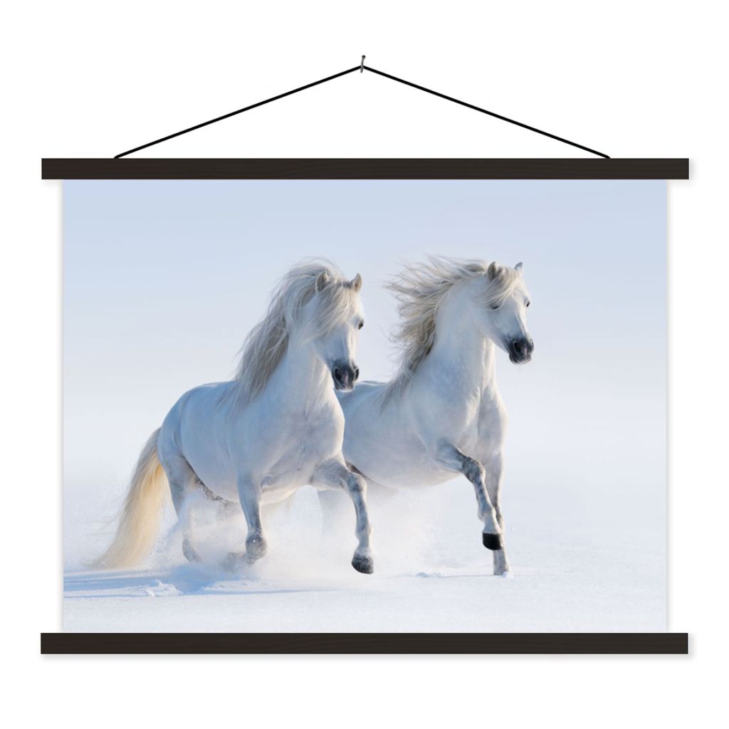 MuchoWow Textilposter Winter - Pferde - Schnee 120x90 cm mit schwarzem Rahmen - Aufhänger für Poster