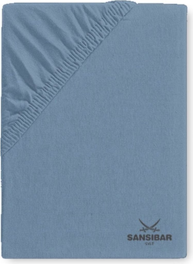 A close-up view of a blue fitted sheet, showing the elasticized corner.