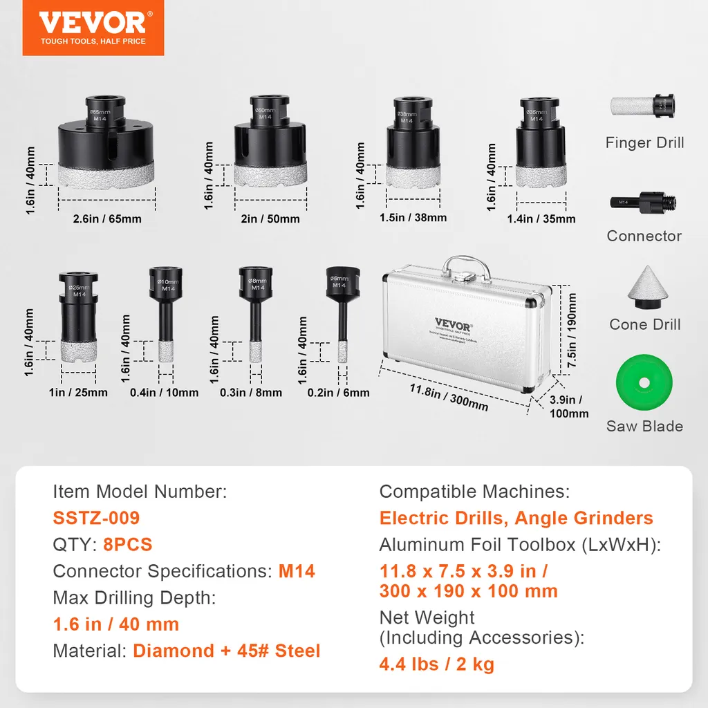 VEVOR Jeu de carotteuses diamantées 8 pièces Ø 6-65mm avec coffret - 7