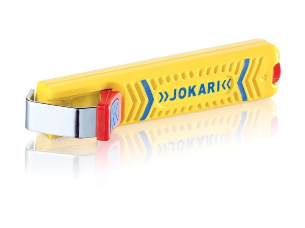 A yellow JOKARI cable knife with blue accents and a red adjustment knob is shown against a white background with a reflection.