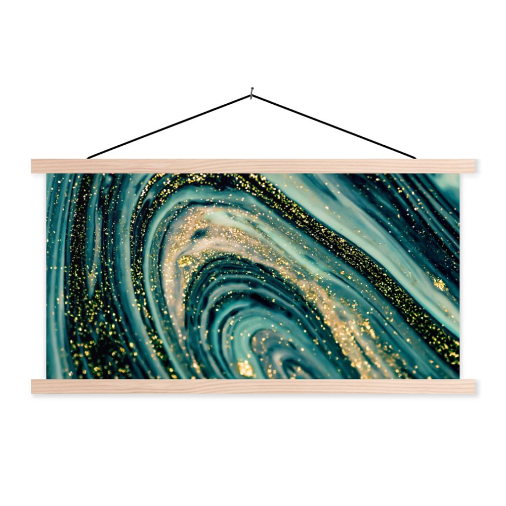 MuchoWow Textilposter Marmoroptik - Luxus - Gold - Türkis - Glitzer 60x30 cm mit holzfarbenen Rahmen - Dekoration