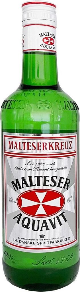 A bottle of Malteserkreuz Malteser Aquavit.
