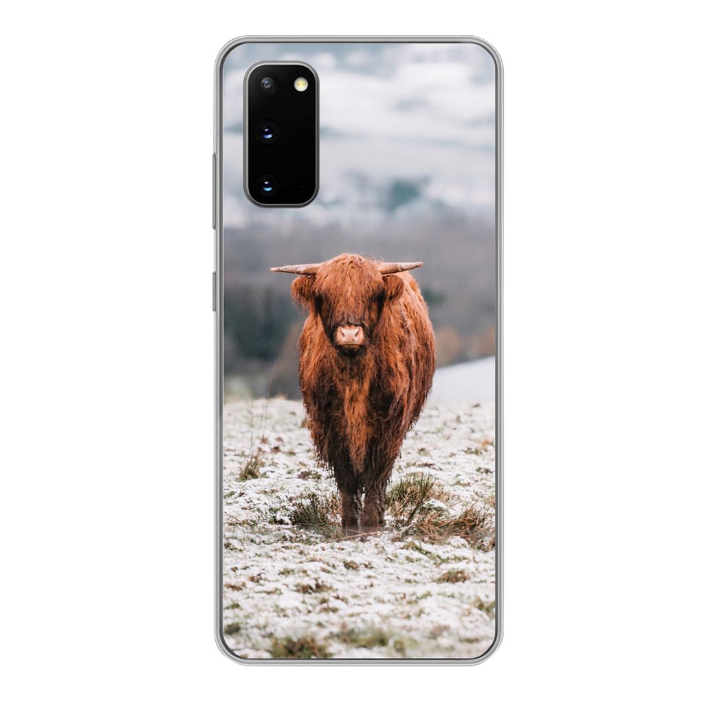 MuchoWow Handyhülle Schutzhülle Hülle für Samsung Galaxy S20 Schottischer Highlander - Schnee - Berg Silikon Softcase Handy Hülle - Bild