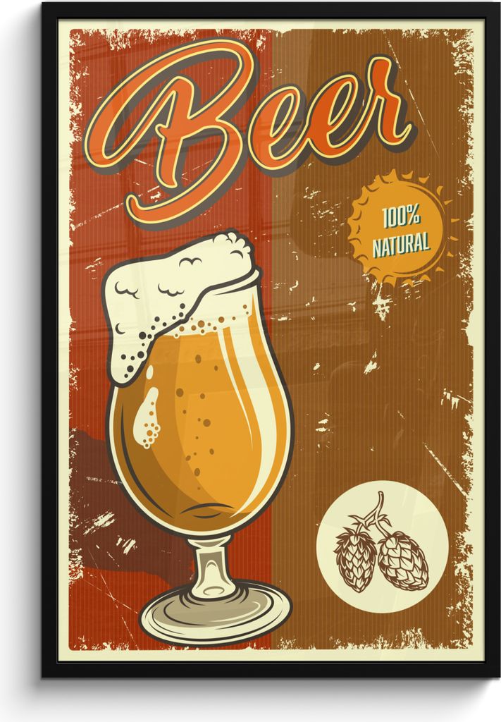MuchoWow MuchoWow Gerahmtes Poster Mannshöhle - Bier - Vintage - Zeichnung 60x90 cm - Poster mit zchwarzem Bilderrahmen - Kunst