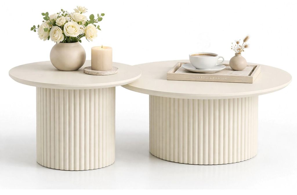 HOOZ Couchtisch rund 2er Set – zusammenschiebbar – Satztisch mit Trommel Gestell für Wohnzimmer klassisch Weiß 80 & 60 cm