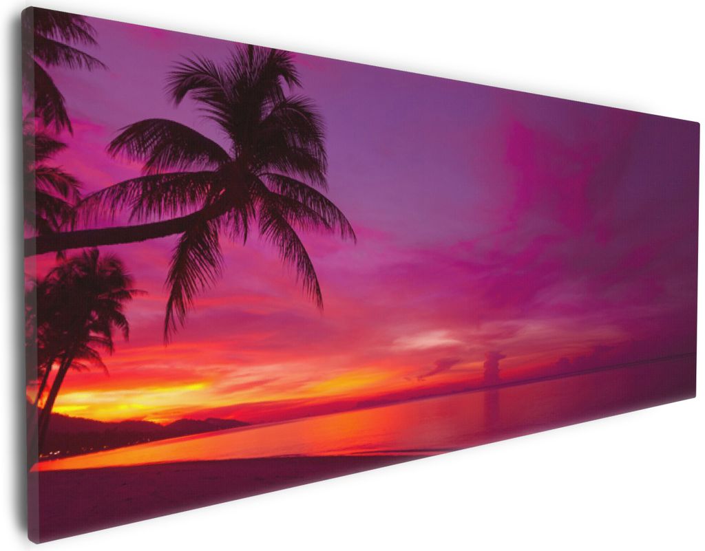 Wallario Premium Leinwandbild Abendrot unter Palmen - pinker Himmel am Strand in Größe 30 x 75 cm