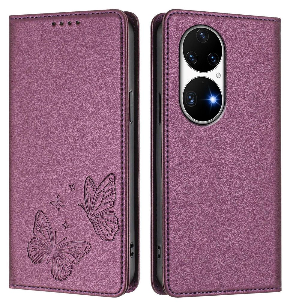 Lederhülle für Huawei P50 Pro, Schmetterling Prägung Leder Brieftasche Schutzhülle mit Ständer Lila