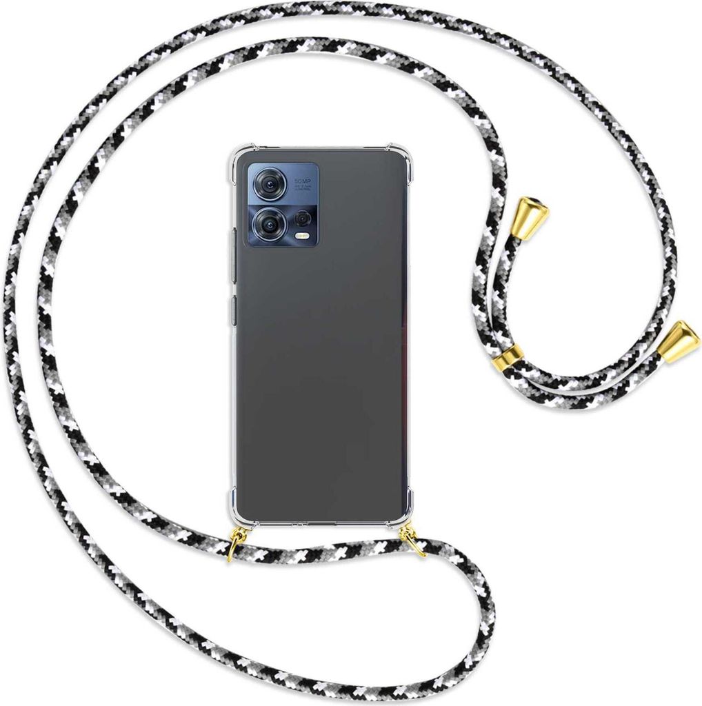 Handykette Backcover-Schutzhülle mit Band (Metall goldfarben) für Motorola Edge 30 Fusion, Moto S30 Pro - schwarz/grau/weiß