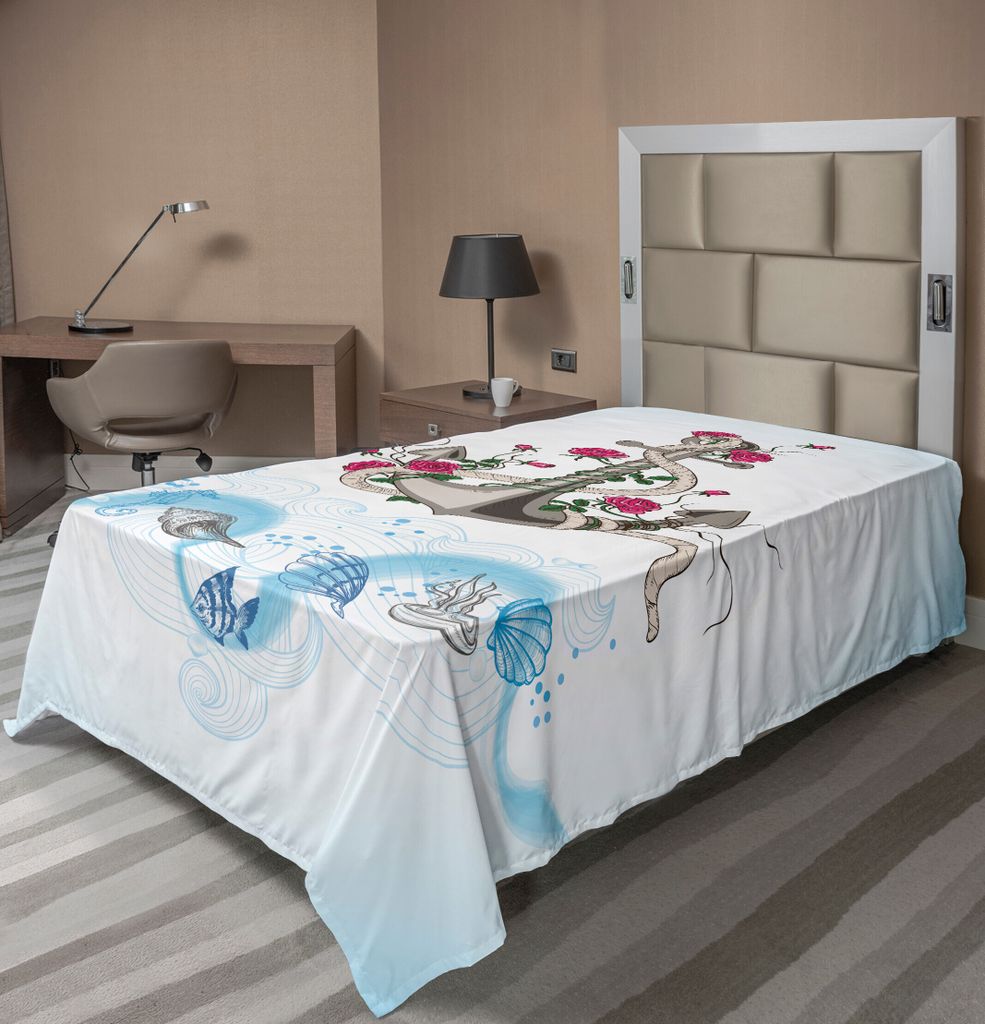 ABAKUHAUS Nautisch Bettlaken, Anker mit Rosen Altmodische Tattoo Style Marine-Muscheln auf wirbelnde Wellen, weiches bequemes oberes Bettlaken für...