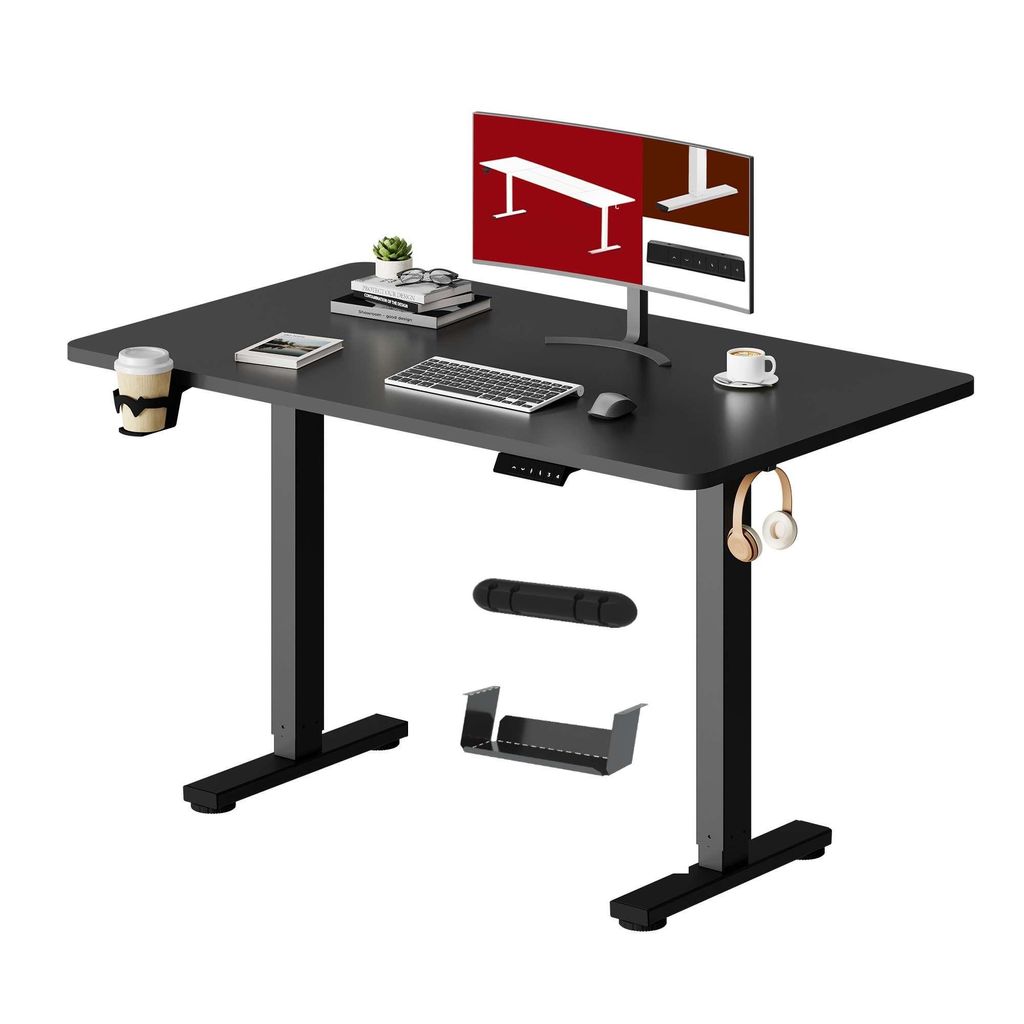 A black adjustable standing desk with a monitor, keyboard, mouse, and accessories.
