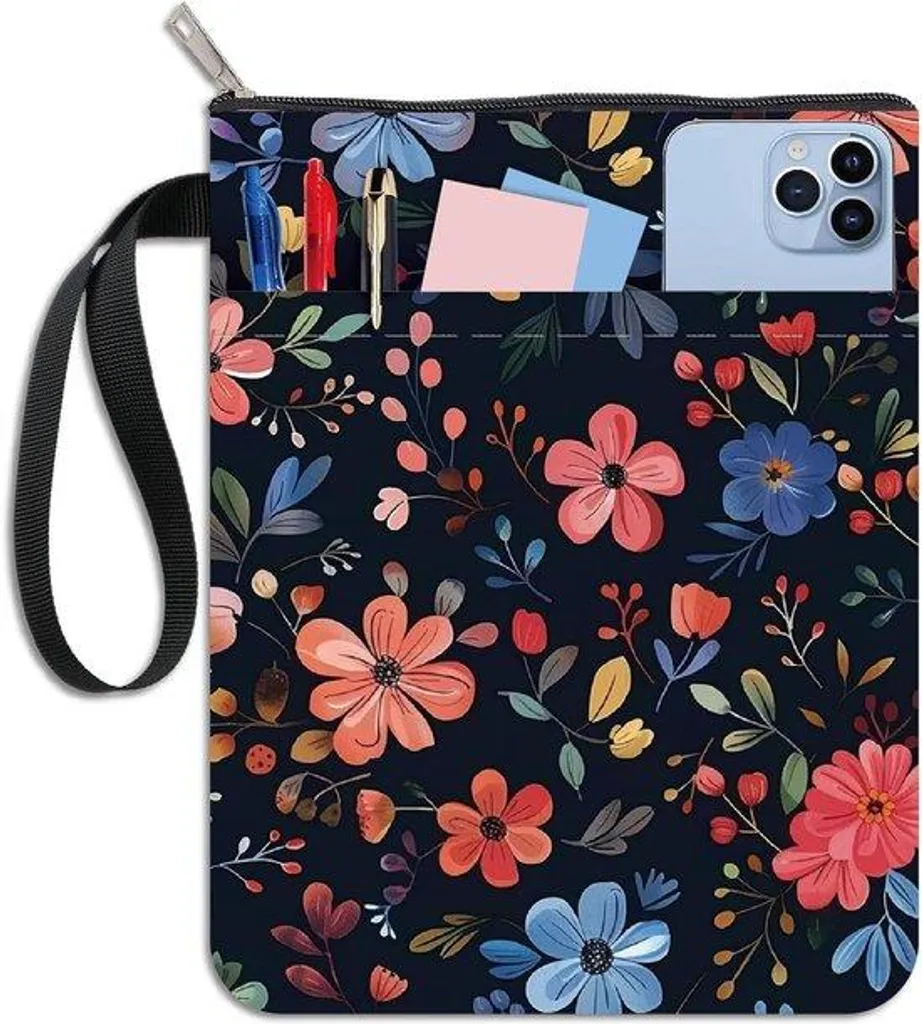 Protection de livre pour voyage avec zip et poche - Motif Floral Noir