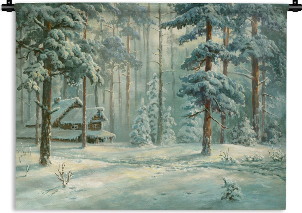 MuchoWow Wandteppich Wandbehang Schnee - Wald - Hütte 150x112.50 cm Tapisserie Dekoration Wandtuch - Wanddecke - Wandteppiche