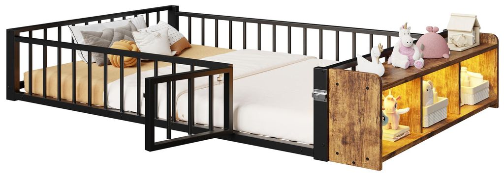 Kinderbett mit LED-Streifen, Regal, Zaun, Lattenrost und Tür, 140x200 cm, Einzelbett mit Rausfallschutz, Metallbett