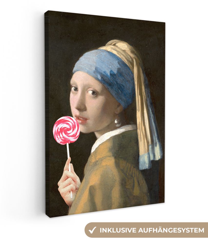 MuchoWow - Leinwandbilder - Mädchen mit Perlenohrring - Johannes Vermeer - Lollipop - Rosa, Wandbild, Wanddeko Bilder Wohnzimmer, 40x60 cm