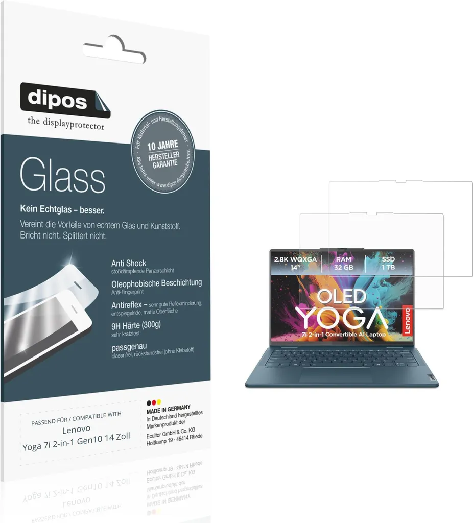2x Pellicola Protettiva per Lenovo Yoga 7i 2-in-1 Gen10 14 Zoll Protezione opaco Vetro Flessibile 9H dipos