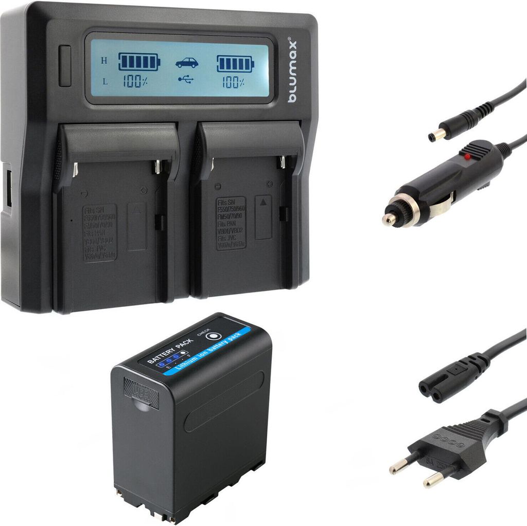 1x Akku + Lader für Sony NP-F980 F750 mit 5V USB Ausg. und DC 8,4V 10050 mAh