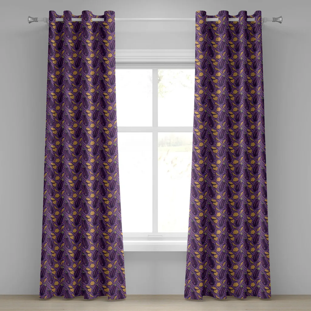 Rideau Aubergine Design Années 80 Fond Violet à Pois - Set de 2 Pans