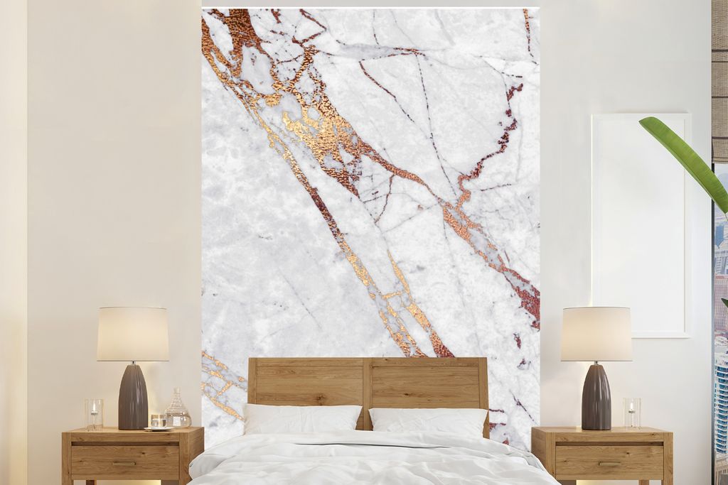 MuchoWow Fototapete für Wohnzimmer oder Schlafzimmer Wandtapete Vinyl Motivtapete Marmor - Weiß - Rot - Gold - 160x240 cm - Vinyltapete