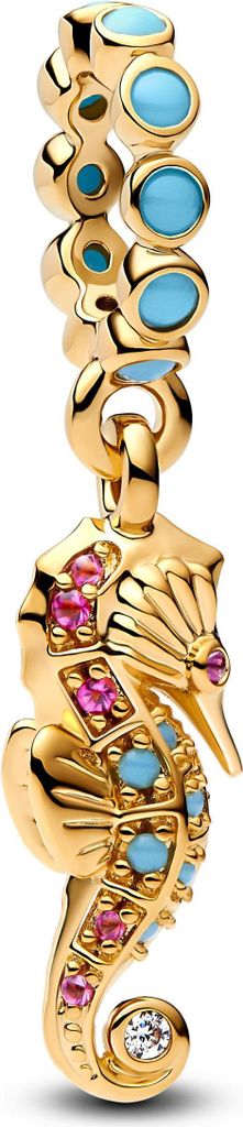 A close-up of a gold seahorse charm with blue and pink gemstones, hanging from a gold chain with blue gemstones.