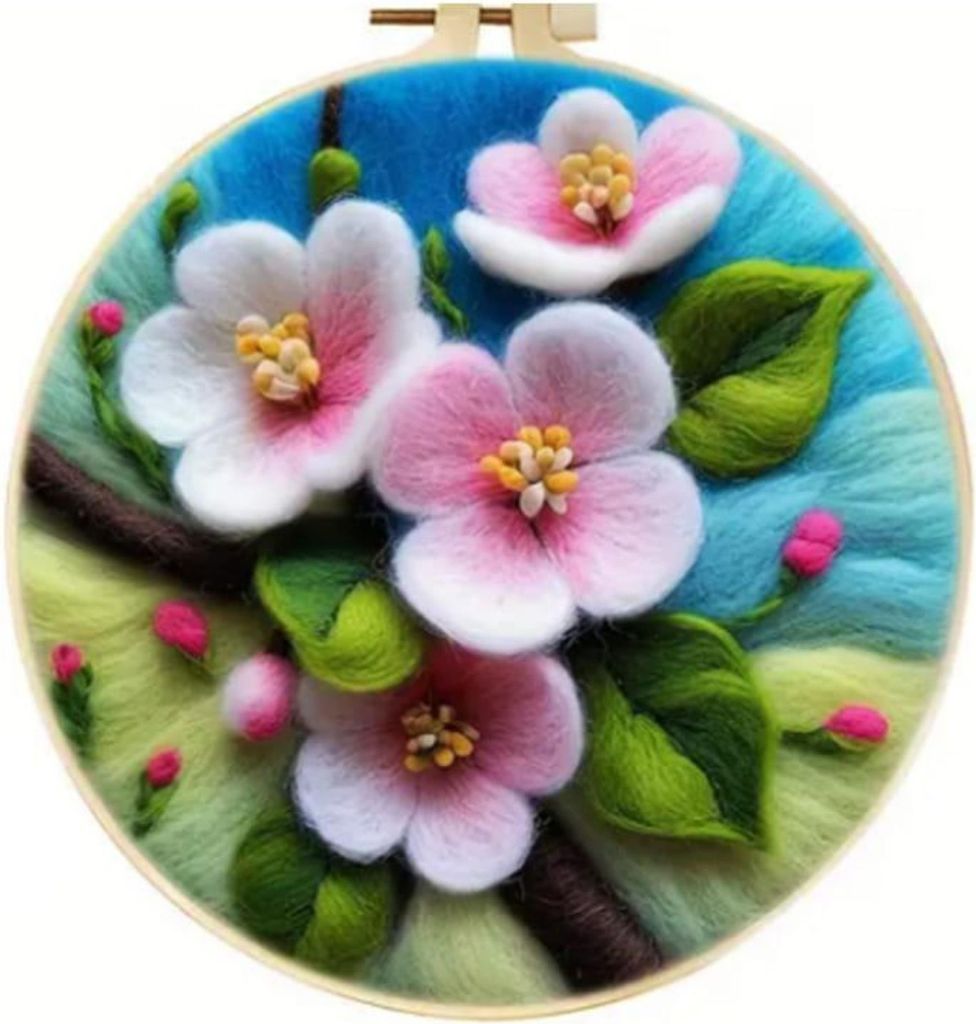 Habarri | Bastelset - Sticken mit Kammwolle - Filzwolle - DIY-Bild - mit Filznadel 4 Stück - Magnolie