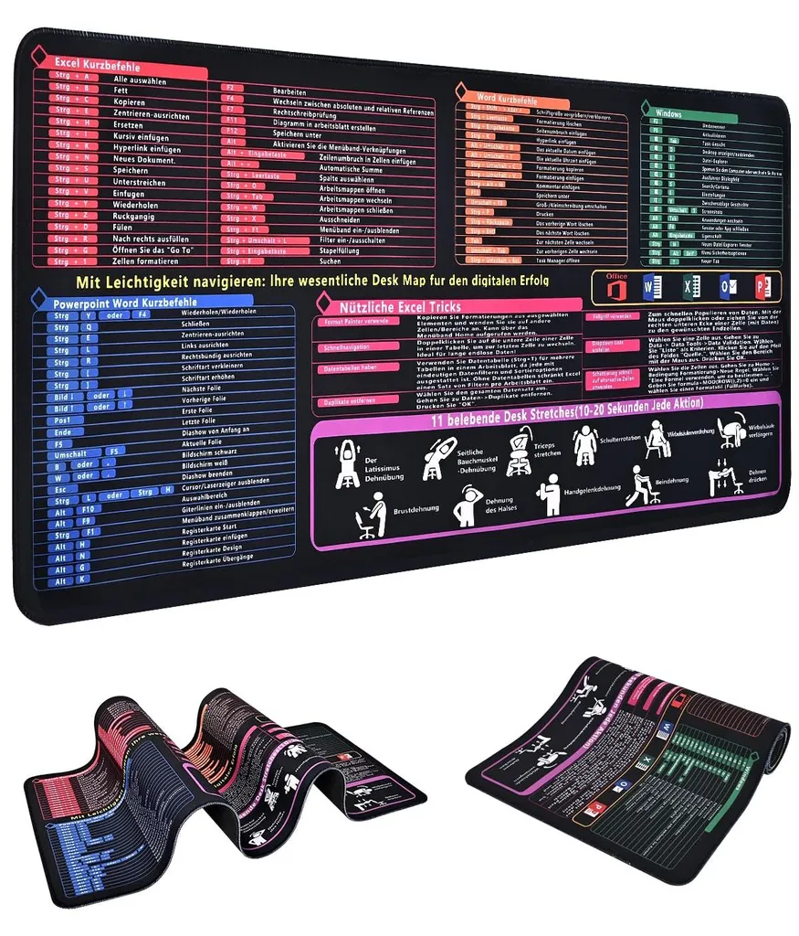 Sous-main pour le bureau et gaming avec guide raccourcis Excel intégré