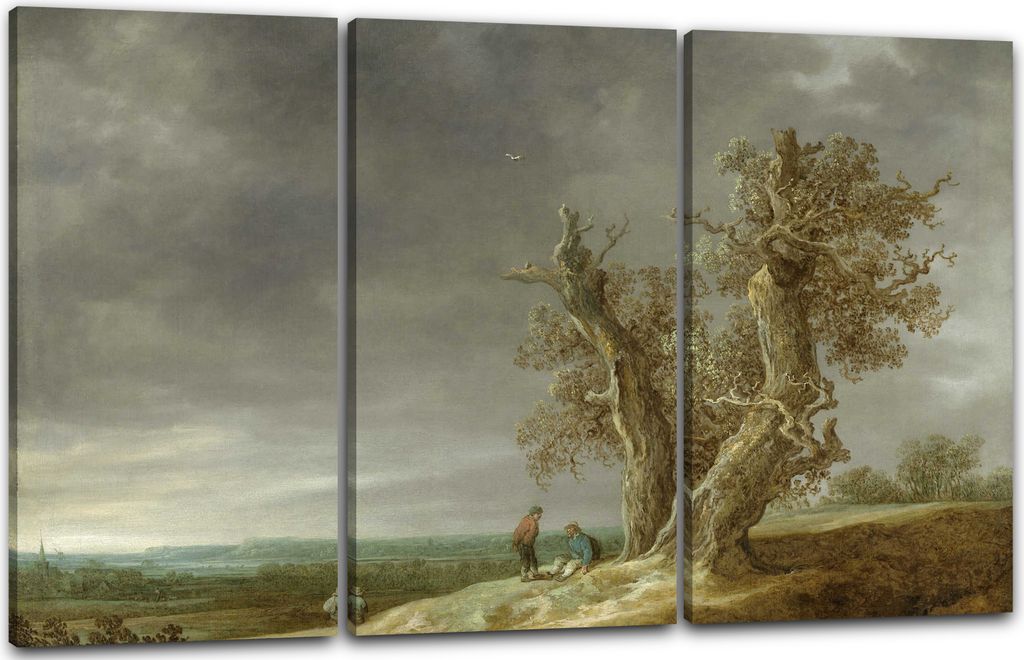 Leinwandbild 3-teilig (120x80cm): Landschafts-Gemalde dunkle Wolken über großen Baum, echter Holz-Keilrahmen inkl. Aufhänger, handgefertigt in D...