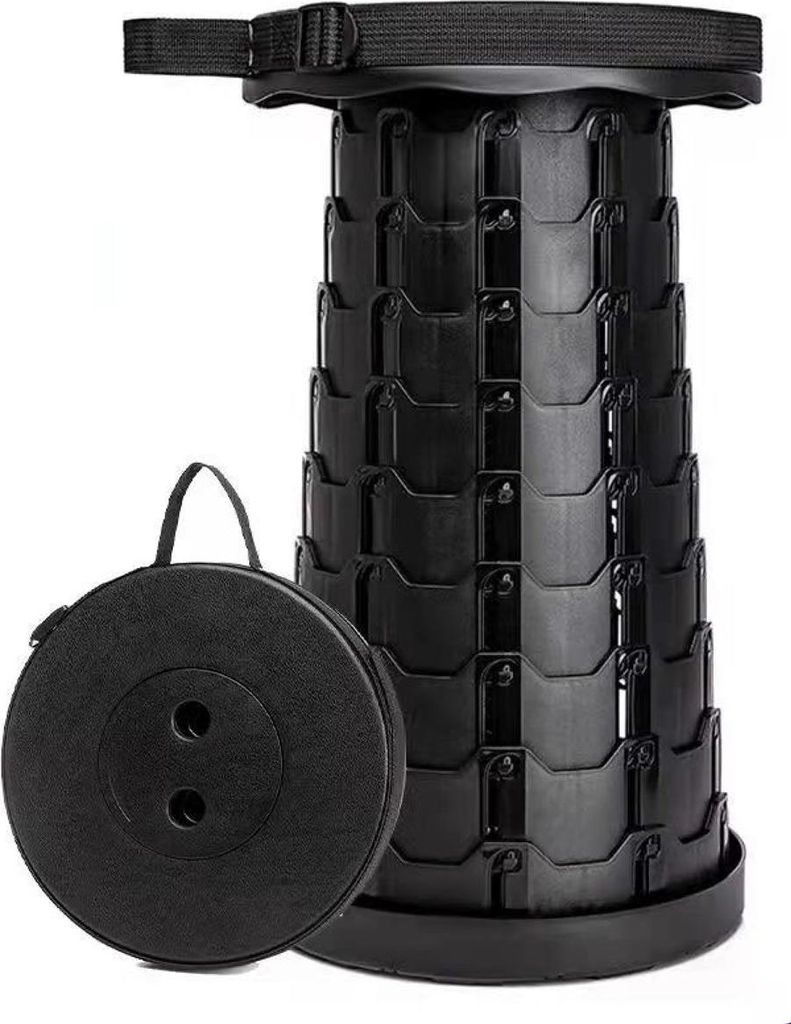 A black collapsible stool and its carrying case.
