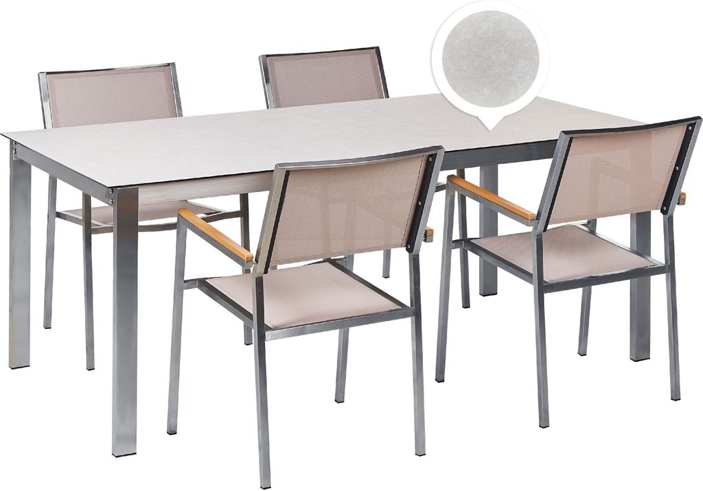 BELIANI Gartenmöbel Set 7-Teilig Weiß und Beige Edelstahl 4 Stühle Polyester Tisch 180x90 cm Sicherheitsglas Keramik Gartenausstattung Outdoor I...