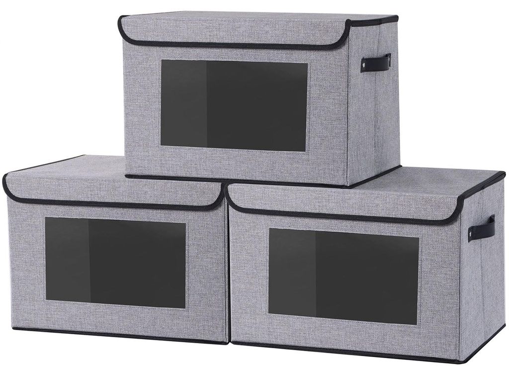 3-teiliges Aufbewahrungsbox-Set mit Deckel, Stoff, Faltriegel, mit Griff, grau, mit Sichtfenster, 38 x 25 x 25 cm