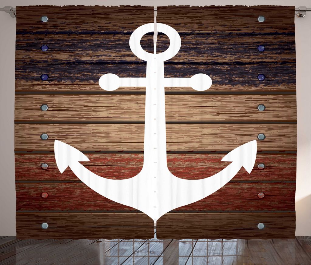 ABAKUHAUS Marine Rustikaler Vorhang, Boot Thema Anker-Motiv, Wohnzimmer Universalband Gardinen mit Schlaufen und Haken, 280 x 245 cm, Braun weiß