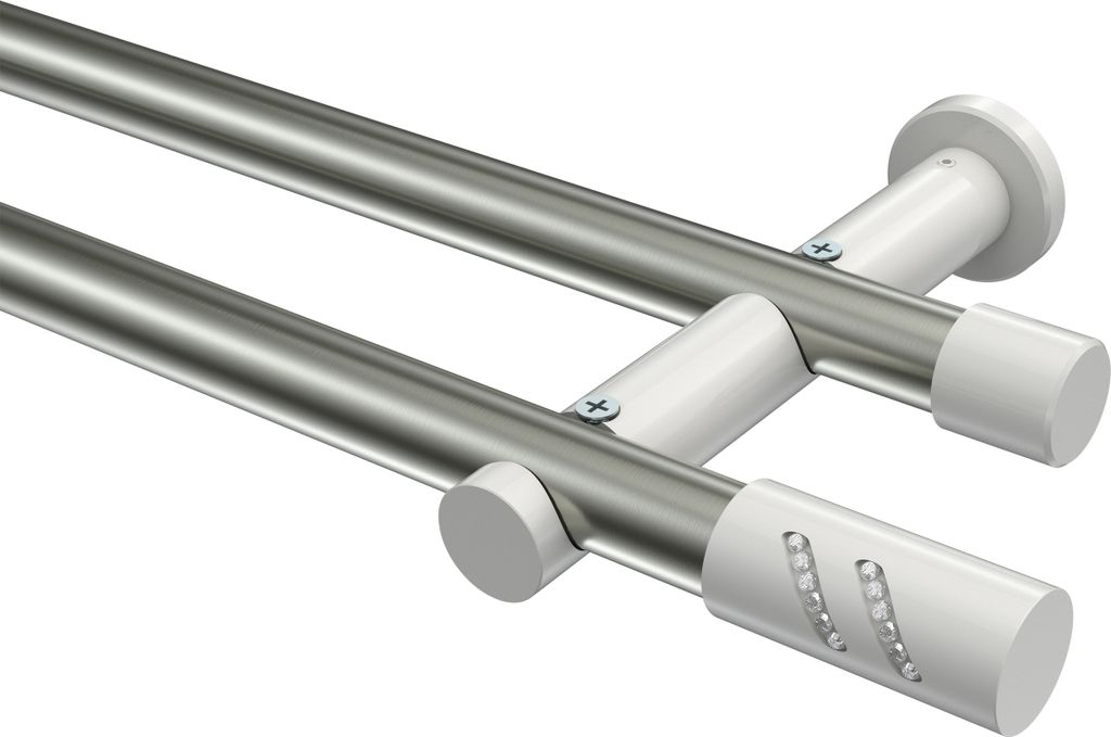 Interdeco Gardinenstange / Vorhangstange Edelstahl-Optik / Weiß, Typ Platon Zoena (Glitzerzylinder) ohne Ringe, 20 mm Ø 2-läufig, 180 cm