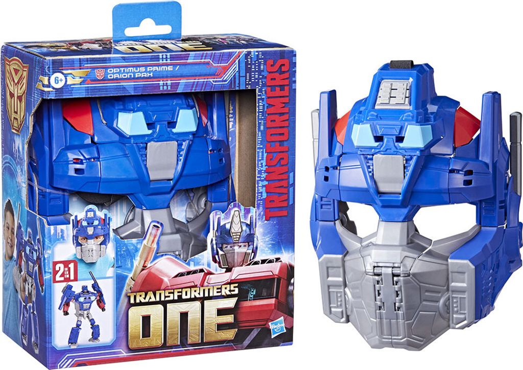 A product box for a Transformers One Optimus Prime mask and action figure set, with the mask displayed outside the box.