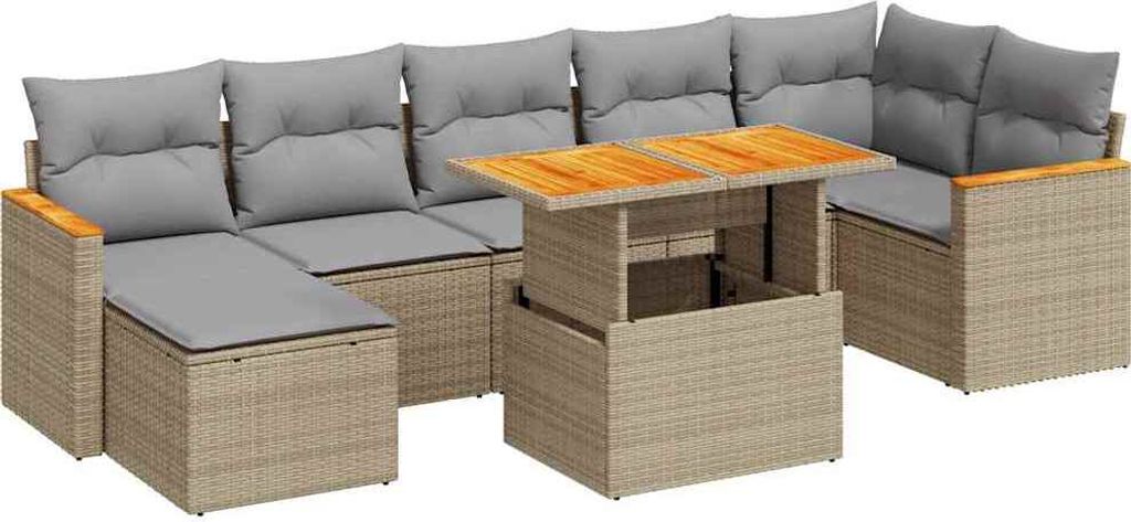 8-tlg. Garten-Sofagarnitur mit Kissen Beige Poly Rattan Akazie