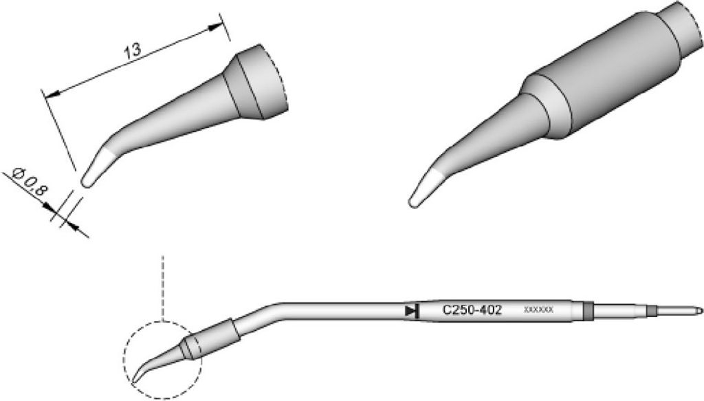 JBC Lötspitze Serie C250, Rundform, C250402/Ø 0,8 mm, gebogen C250402