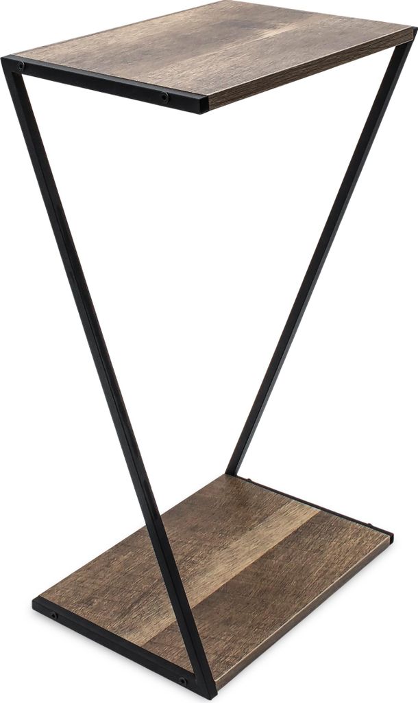 A modern side table with a wooden top and black metal frame, shown against a white background.