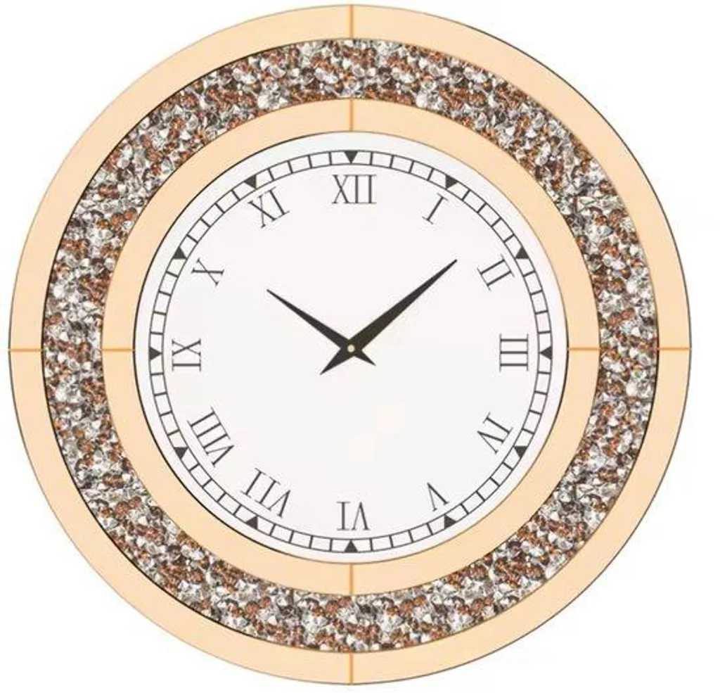 Grande pendule murale ronde miroir avec cristaux diamants 60 cm bronze