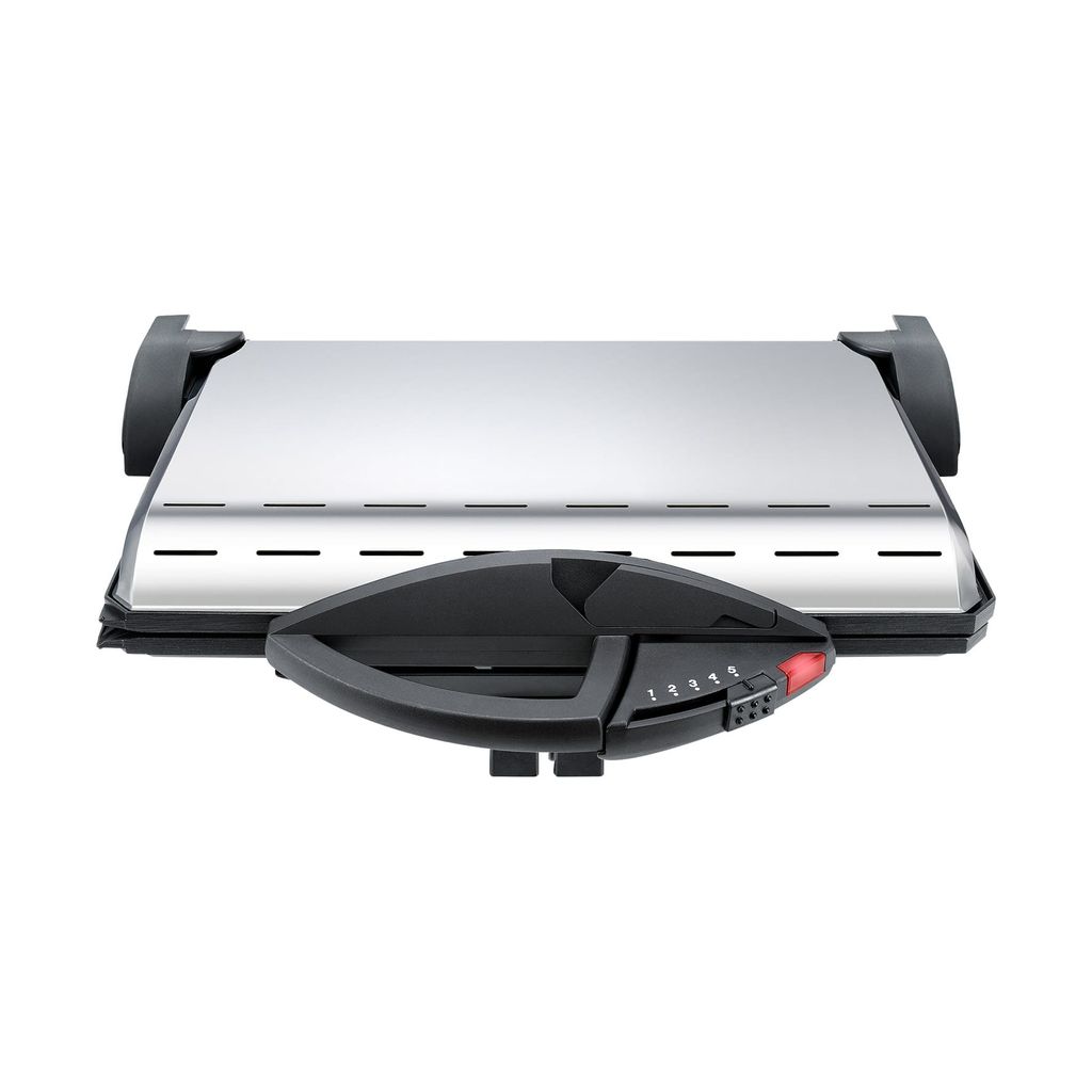 Kontaktgrill mit Edelstahlgehäuse, Vielseitig einsetzbar, Wendbare, antihaftbeschichtete Druckgußplatten mit Grillmuster, Verriegelung am Handgriff