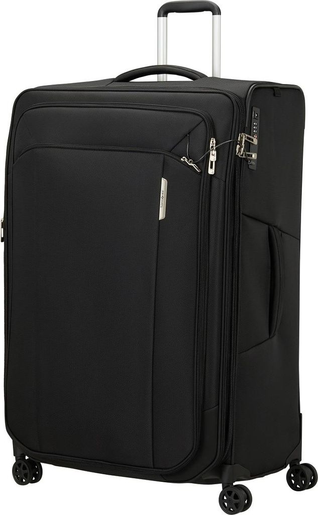 A black Samsonite suitcase is shown against a white background.
