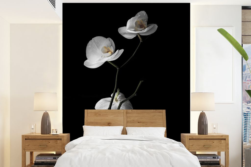MuchoWow Fototapete für Wohnzimmer oder Schlafzimmer Wandtapete Vinyl Motivtapete Orchidee - Blumen - Schwarz - Weiß - Stilleben - 175x240 cm -...