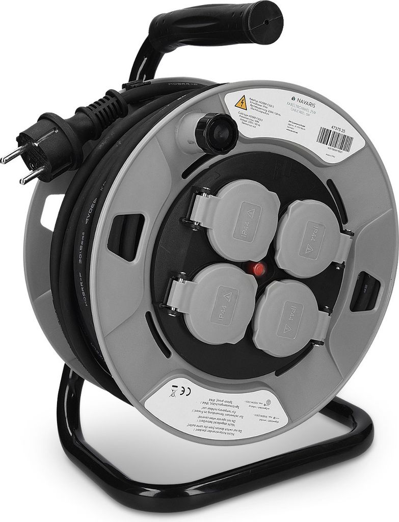 Navaris Kabeltrommel 25m mit 4 Steckdosen - Schutzklasse IP44 Kabeltyp H05RR-F 3G1,5 - Kabelrolle Kabel Trommel Baustelle Werkstatt Wohnwagen Camping
