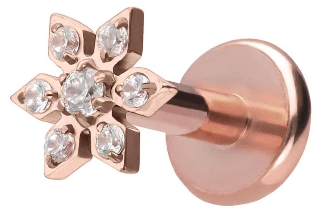 Ohrpiercing, Nasenpiercing Titan Labret mit Push Fit KRISTALLBLUME RoséGold Stablänge: 6mm | Stabstärke: 1,2mm