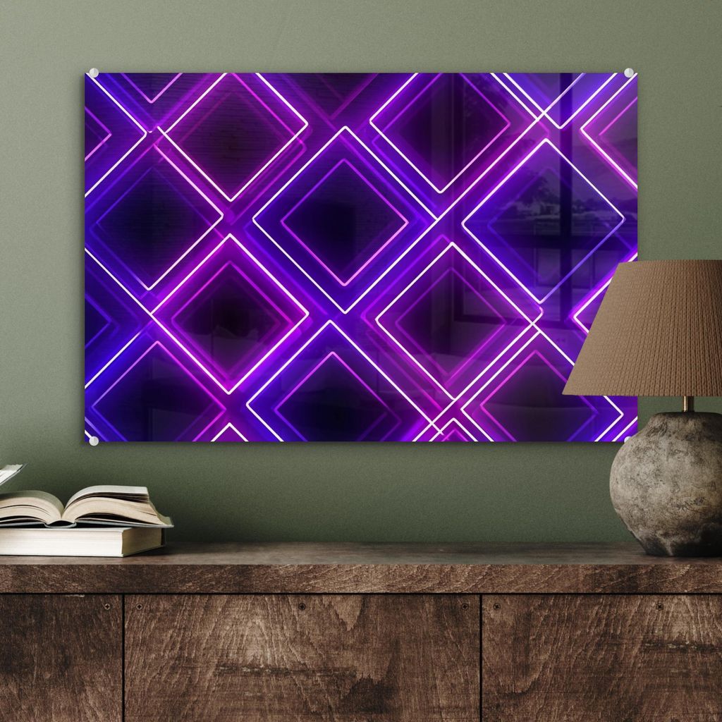 MuchoWow Glasbilder - Bilder auf Wandbild - Foto auf Glas Spiele - Diamanten - Neon - Lila 60x40 cm Wanddekoration aus Glas - Acrylglasbild - Acryl...