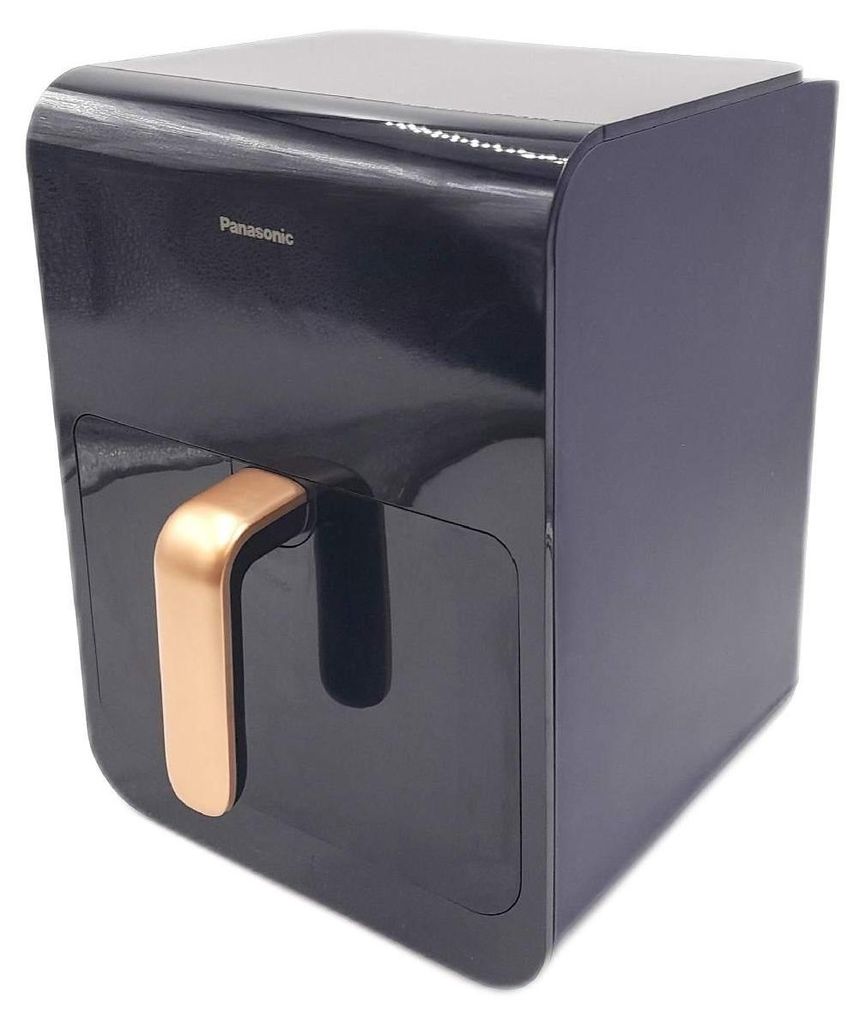 A black Panasonic air fryer with a gold handle is shown against a white background.