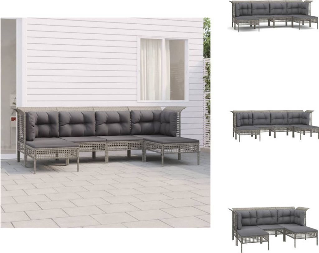 vidaXL 6-tlg. Garten-Lounge-Set mit Kissen Grau Poly Rattan - Gartenmöbel-Sets